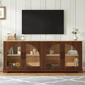 JVNOXK Farmhouse-style TV console with semi-arched glass doors, accommodates TVs up to 70 inches. Wood-grain sideboard with adjustable shelves, Walnut