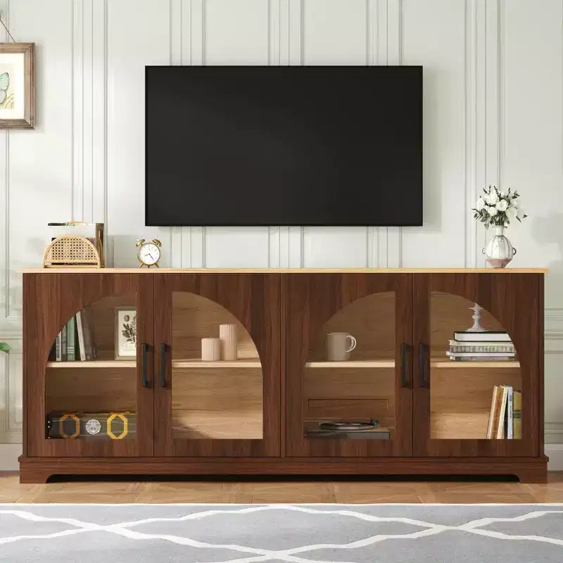 JVNOXK Farmhouse-style TV console with semi-arched glass doors, accommodates TVs up to 70 inches. Wood-grain sideboard with adjustable shelves, Walnut