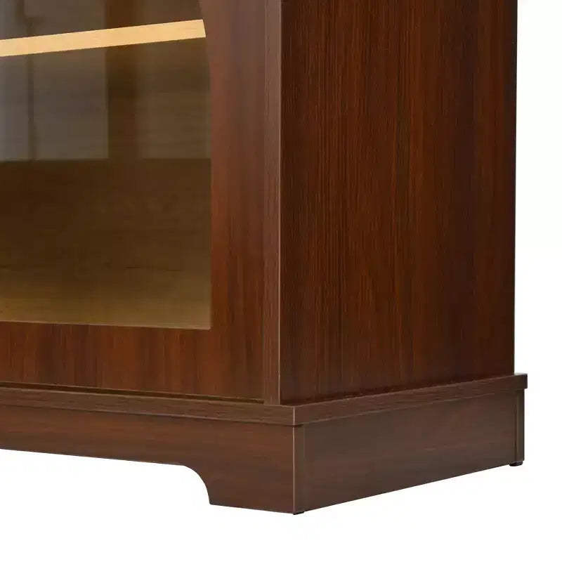 Farmhouse-style TV console with semi-arched glass doors, accommodates TVs up to 70 inches. Wood-grain sideboard with adjustable shelves, Walnut