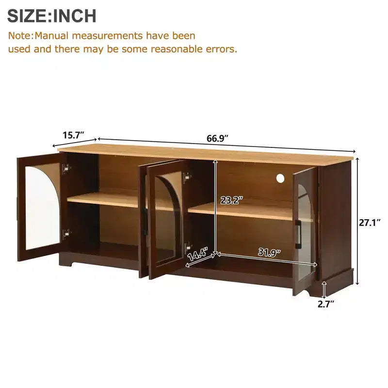 Farmhouse-style TV console with semi-arched glass doors, accommodates TVs up to 70 inches. Wood-grain sideboard with adjustable shelves, Walnut