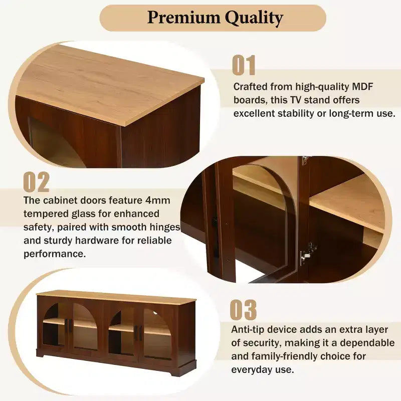 Farmhouse-style TV console with semi-arched glass doors, accommodates TVs up to 70 inches. Wood-grain sideboard with adjustable shelves, Walnut