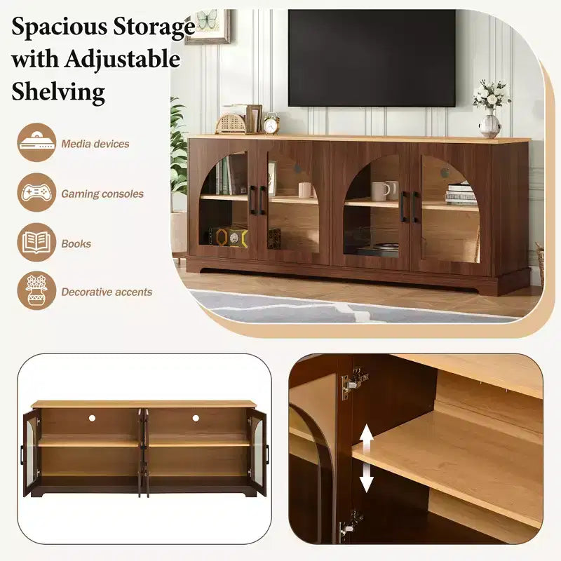 Farmhouse-style TV console with semi-arched glass doors, accommodates TVs up to 70 inches. Wood-grain sideboard with adjustable shelves, Walnut