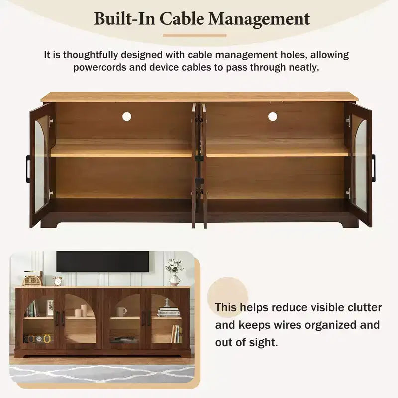 Farmhouse-style TV console with semi-arched glass doors, accommodates TVs up to 70 inches. Wood-grain sideboard with adjustable shelves, Walnut