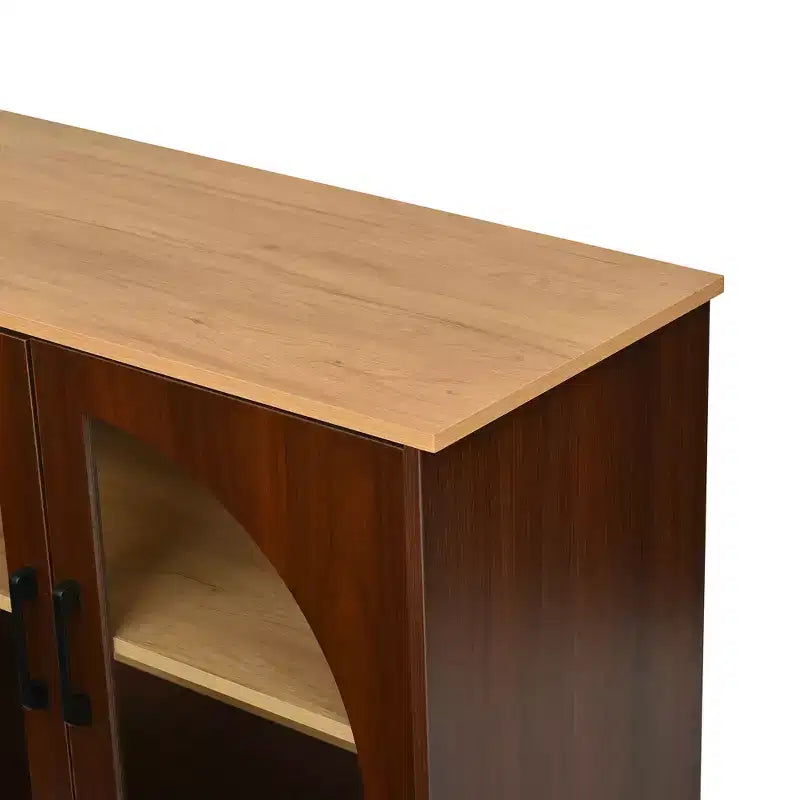Farmhouse-style TV console with semi-arched glass doors, accommodates TVs up to 70 inches. Wood-grain sideboard with adjustable shelves, Walnut