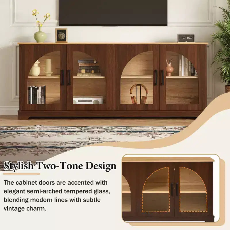 Farmhouse-style TV console with semi-arched glass doors, accommodates TVs up to 70 inches. Wood-grain sideboard with adjustable shelves, Walnut