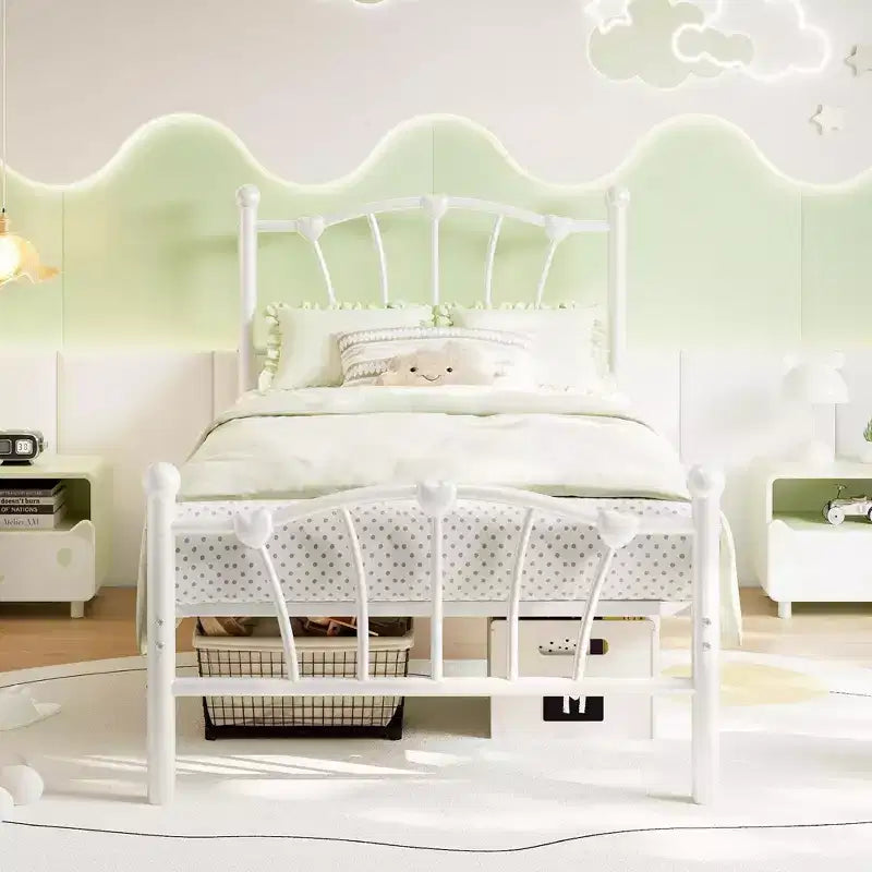 Heart-Shaped Metal Bed Frame with Headboard and Footboard, Platform Design with Strong Slat Support and Underbed Storage Space for Bedroom