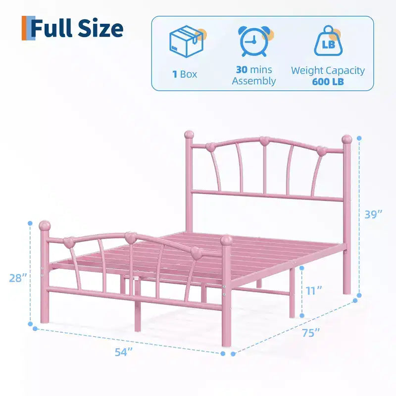 Heart-Shaped Metal Bed Frame with Headboard and Footboard, Platform Design with Strong Slat Support and Underbed Storage Space for Bedroom