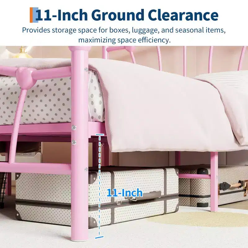 Heart-Shaped Metal Bed Frame with Headboard and Footboard, Platform Design with Strong Slat Support and Underbed Storage Space for Bedroom