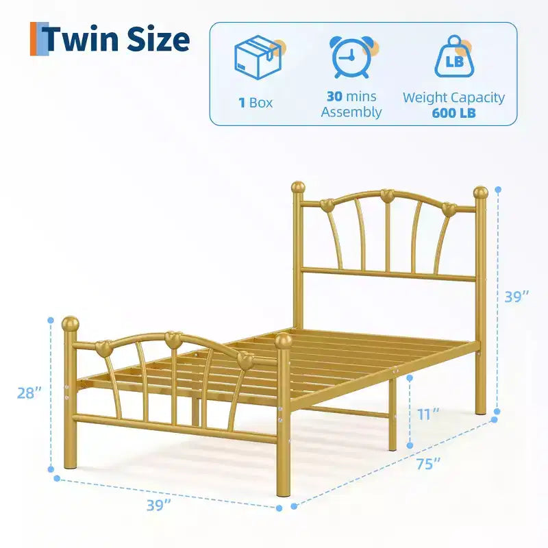 Heart-Shaped Metal Bed Frame with Headboard and Footboard, Platform Design with Strong Slat Support and Underbed Storage Space for Bedroom