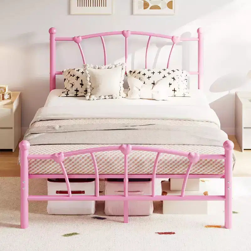 Heart-Shaped Metal Bed Frame with Headboard and Footboard, Platform Design with Strong Slat Support and Underbed Storage Space for Bedroom