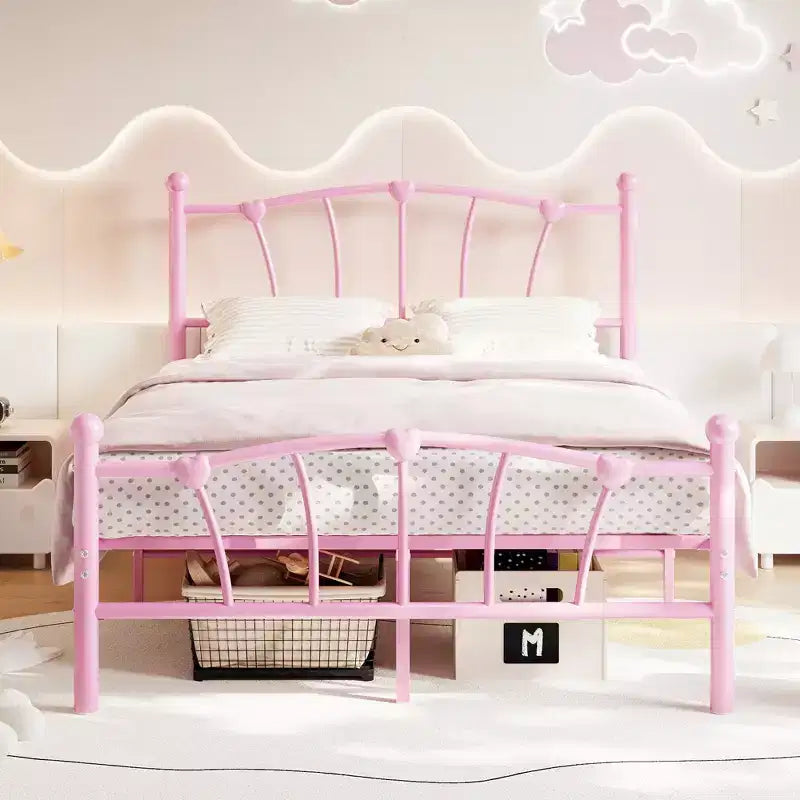 Heart-Shaped Metal Bed Frame with Headboard and Footboard, Platform Design with Strong Slat Support and Underbed Storage Space for Bedroom