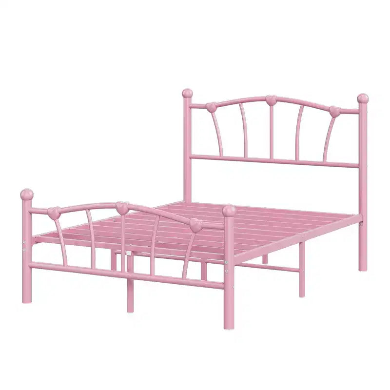Heart-Shaped Metal Bed Frame with Headboard and Footboard, Platform Design with Strong Slat Support and Underbed Storage Space for Bedroom