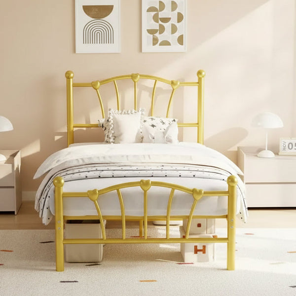 Cadre de lit en métal en forme de cœur avec tête de lit et pied de lit, design plateforme avec support à lattes solide et espace de rangement sous le lit pour chambre à coucher