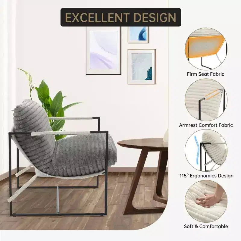 Modern Sling Accent Chair - Plush Shredded Foam Upholstered Lounge Armchair for Living Room, Bedroom & Office Reading