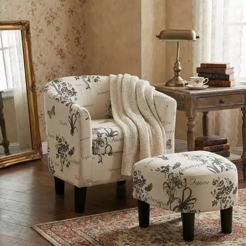 Vintage Script Pattern Fabric Upholstered Barrel Back Accent Lounge Chair with Ottoman