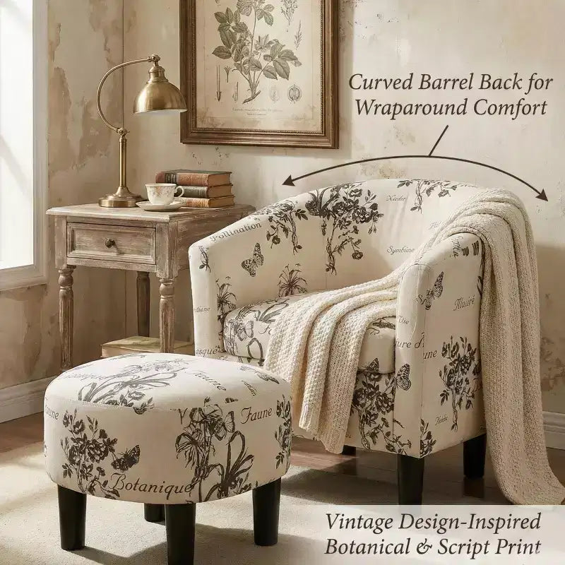 Vintage Script Pattern Fabric Upholstered Barrel Back Accent Lounge Chair with Ottoman