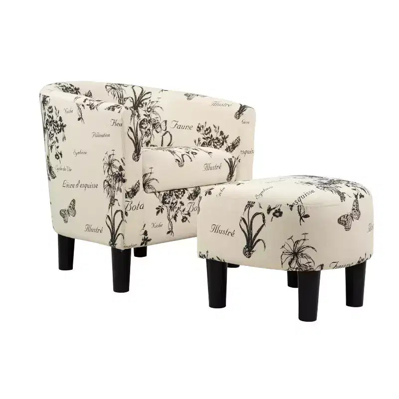 Vintage Script Pattern Fabric Upholstered Barrel Back Accent Lounge Chair with Ottoman