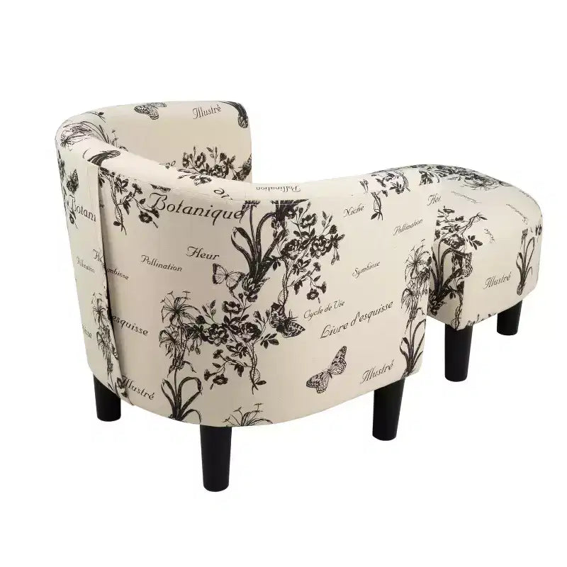 Vintage Script Pattern Fabric Upholstered Barrel Back Accent Lounge Chair with Ottoman