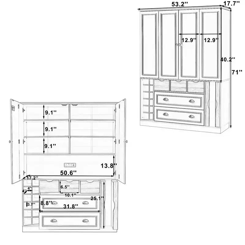 71'' Tall Freestanding Kitchen Pantry, Large Dining Storage Cabinet Cupboard Sideboards With 4 Foldable Doors, Shelves, Wine Racks