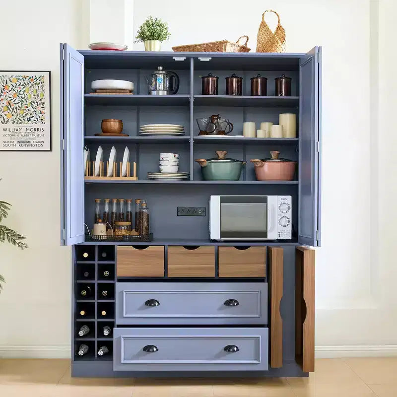 71'' Tall Freestanding Kitchen Pantry, Large Dining Storage Cabinet Cupboard Sideboards With 4 Foldable Doors, Shelves, Wine Racks