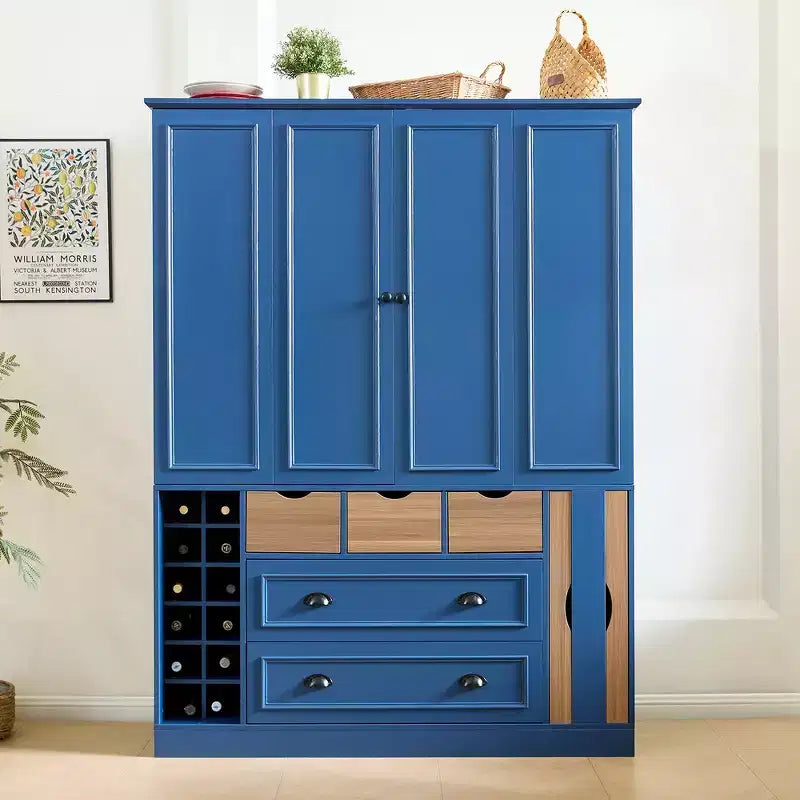71'' Tall Freestanding Kitchen Pantry, Large Dining Storage Cabinet Cupboard Sideboards With 4 Foldable Doors, Shelves, Wine Racks