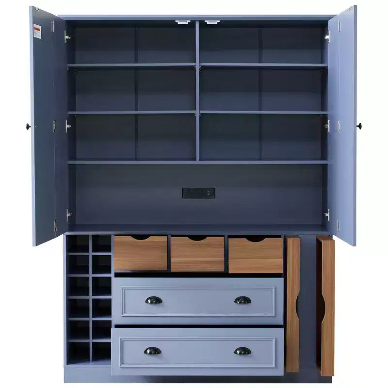 71'' Tall Freestanding Kitchen Pantry, Large Dining Storage Cabinet Cupboard Sideboards With 4 Foldable Doors, Shelves, Wine Racks