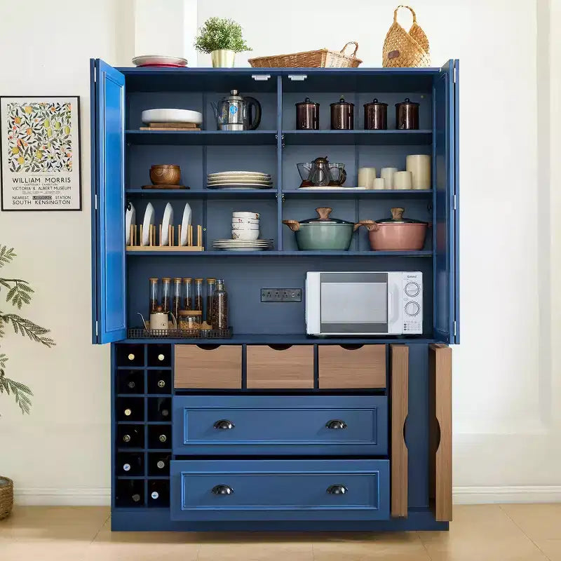 71'' Tall Freestanding Kitchen Pantry, Large Dining Storage Cabinet Cupboard Sideboards With 4 Foldable Doors, Shelves, Wine Racks