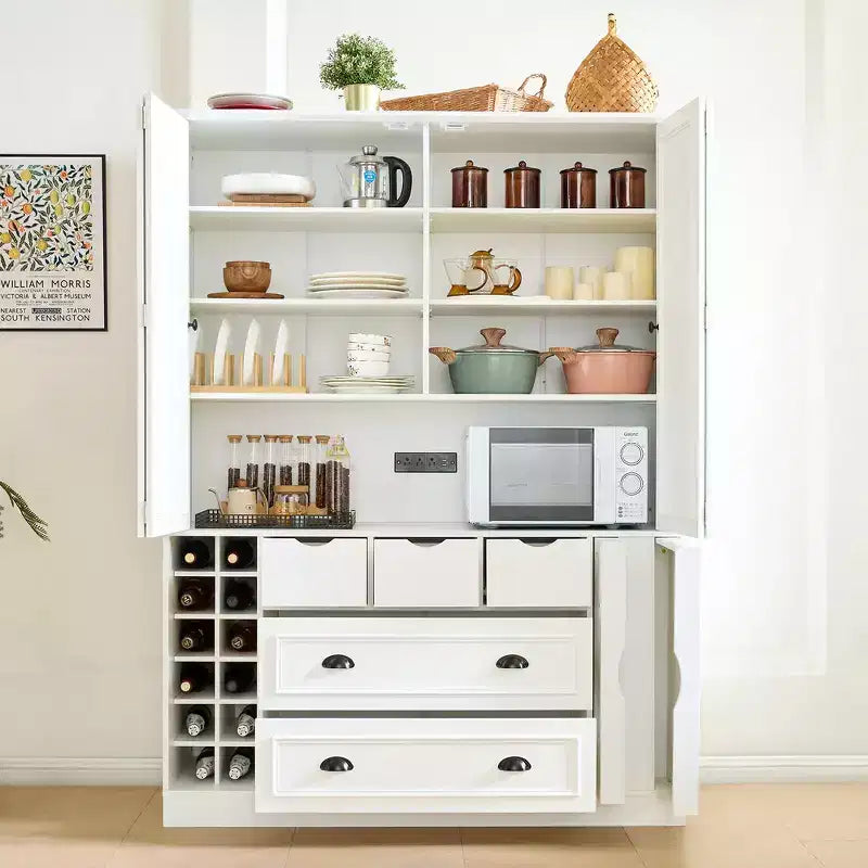 71'' Tall Freestanding Kitchen Pantry, Large Dining Storage Cabinet Cupboard Sideboards With 4 Foldable Doors, Shelves, Wine Racks