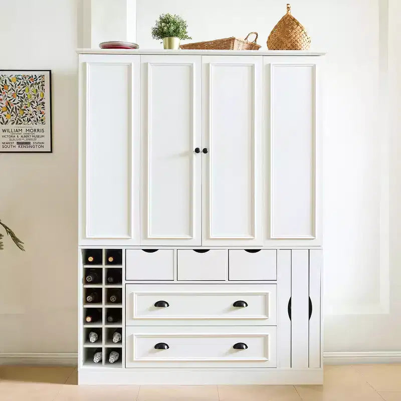 71'' Tall Freestanding Kitchen Pantry, Large Dining Storage Cabinet Cupboard Sideboards With 4 Foldable Doors, Shelves, Wine Racks