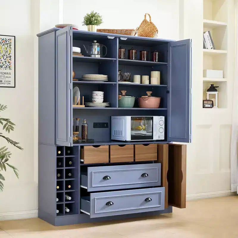 71'' Tall Freestanding Kitchen Pantry, Large Dining Storage Cabinet Cupboard Sideboards With 4 Foldable Doors, Shelves, Wine Racks