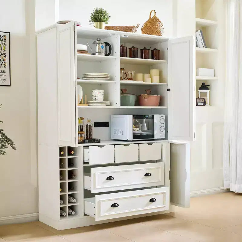 71'' Tall Freestanding Kitchen Pantry, Large Dining Storage Cabinet Cupboard Sideboards With 4 Foldable Doors, Shelves, Wine Racks