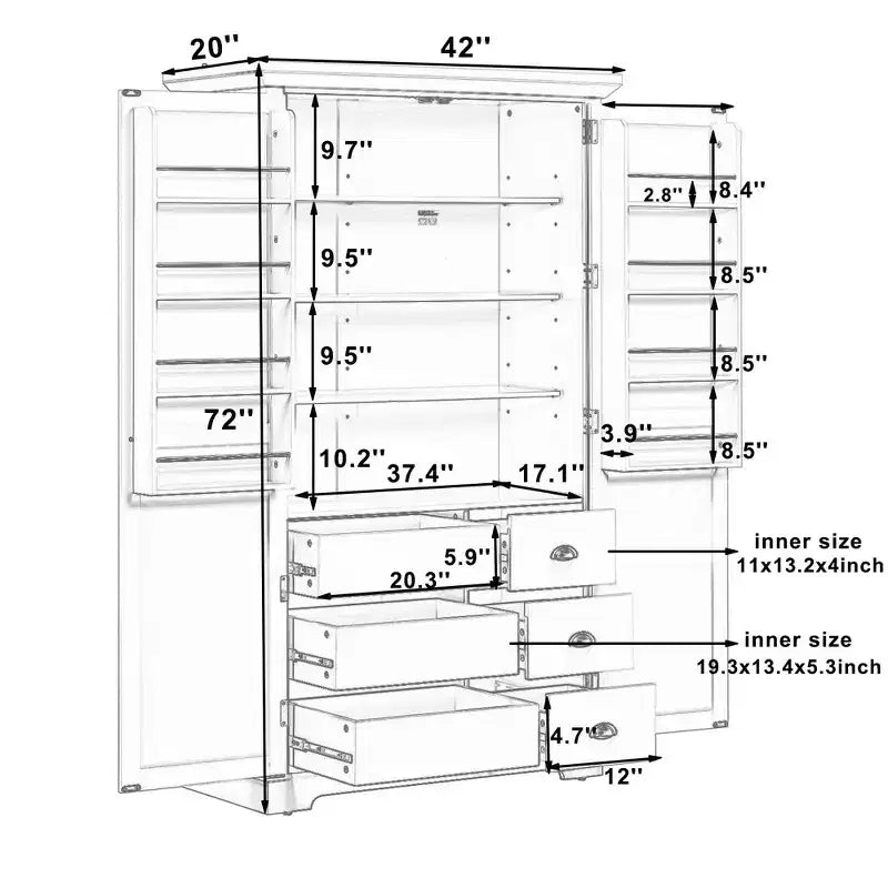 72''H Freestanding Kitchen Storage Pantry, Large Dining Storage Cabinet Cupboard Sideboards With Door Shelves, Adjustable Shelves
