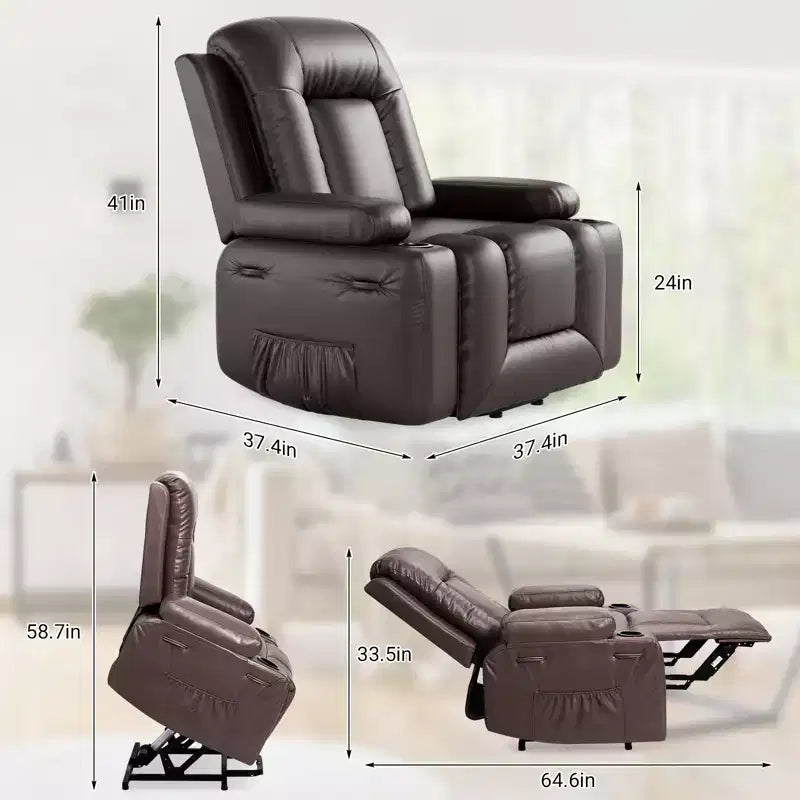 Recliner Chair with Heat & Massage, Ergonomic PU Leather Living Room Sofa - Tall Back, Padded Seat, Adjustable Lazy Chair