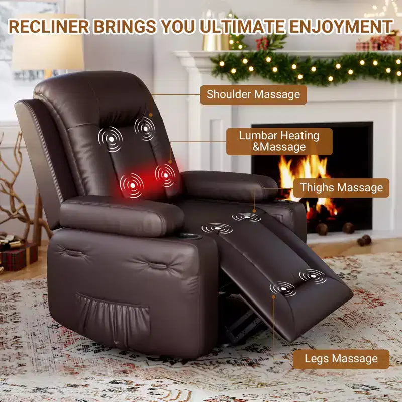 Recliner Chair with Heat & Massage, Ergonomic PU Leather Living Room Sofa - Tall Back, Padded Seat, Adjustable Lazy Chair