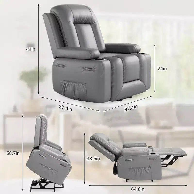 Recliner Chair with Heat & Massage, Ergonomic PU Leather Living Room Sofa - Tall Back, Padded Seat, Adjustable Lazy Chair