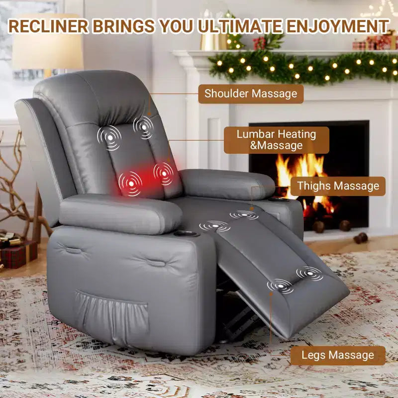 Recliner Chair with Heat & Massage, Ergonomic PU Leather Living Room Sofa - Tall Back, Padded Seat, Adjustable Lazy Chair