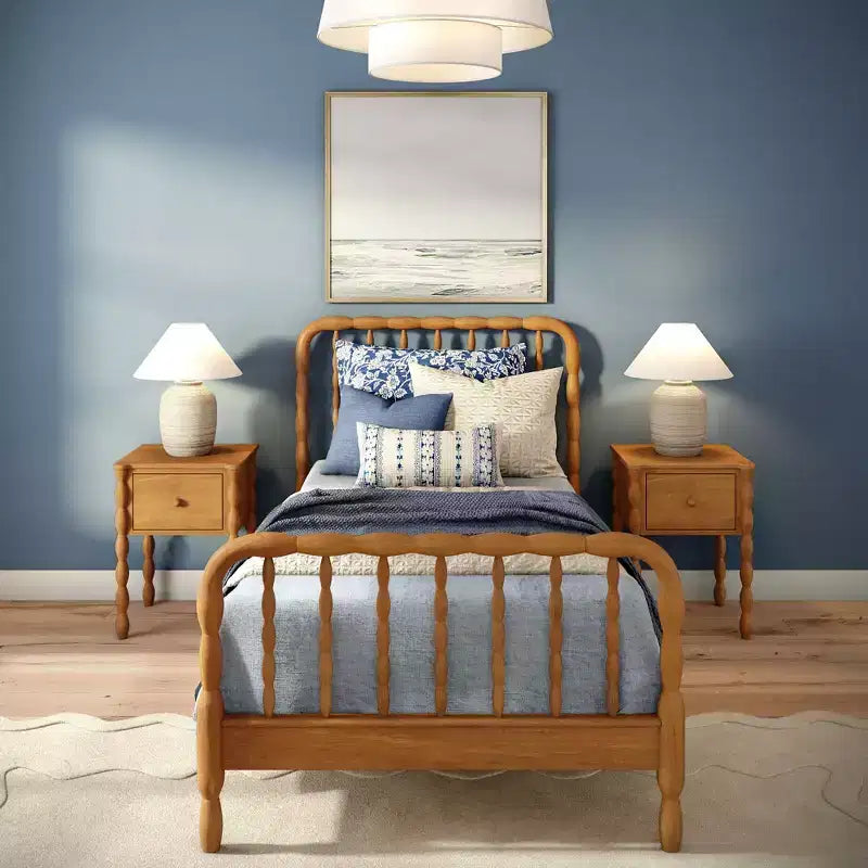 Twin Bed with Turned Spindle Headboard and Footboard, Solid Pine Wood Frame