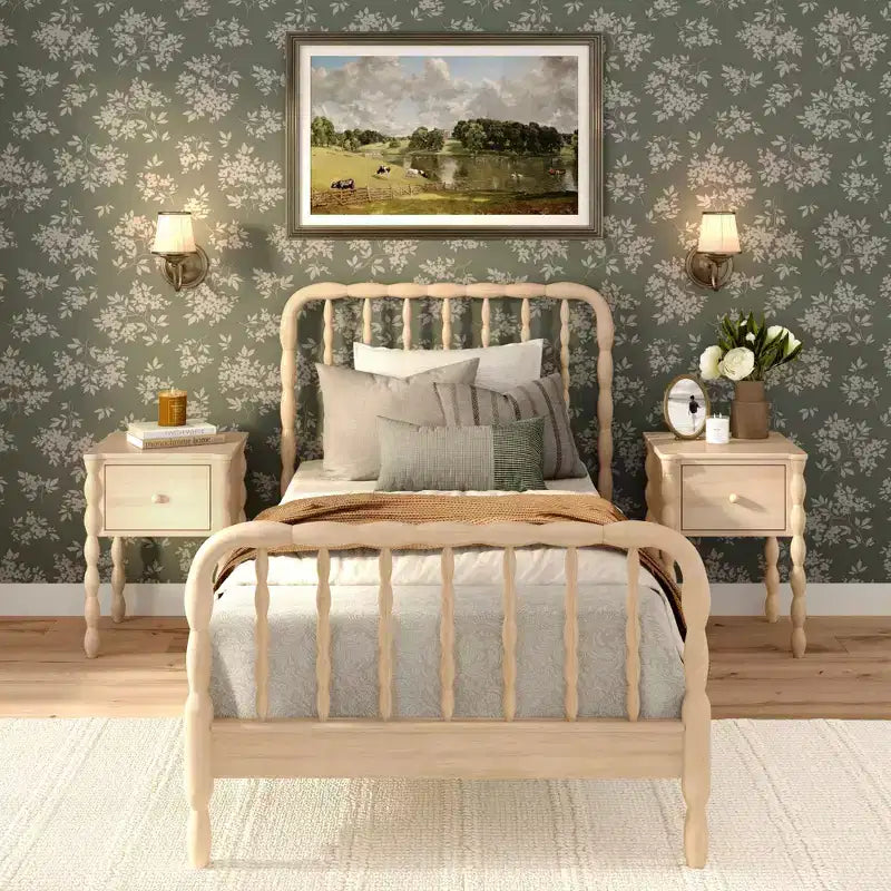Twin Bed with Turned Spindle Headboard and Footboard, Solid Pine Wood Frame