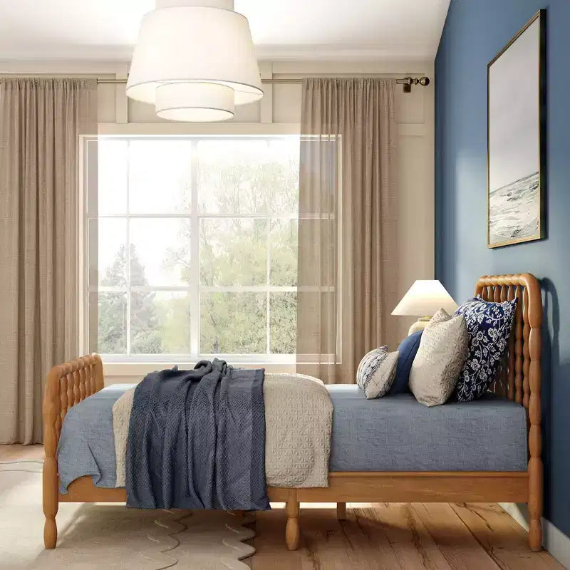 Twin Bed with Turned Spindle Headboard and Footboard, Solid Pine Wood Frame