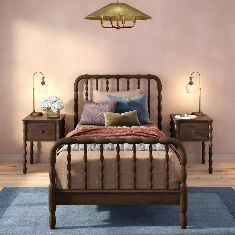 Twin Bed with Turned Spindle Headboard and Footboard, Solid Pine Wood Frame