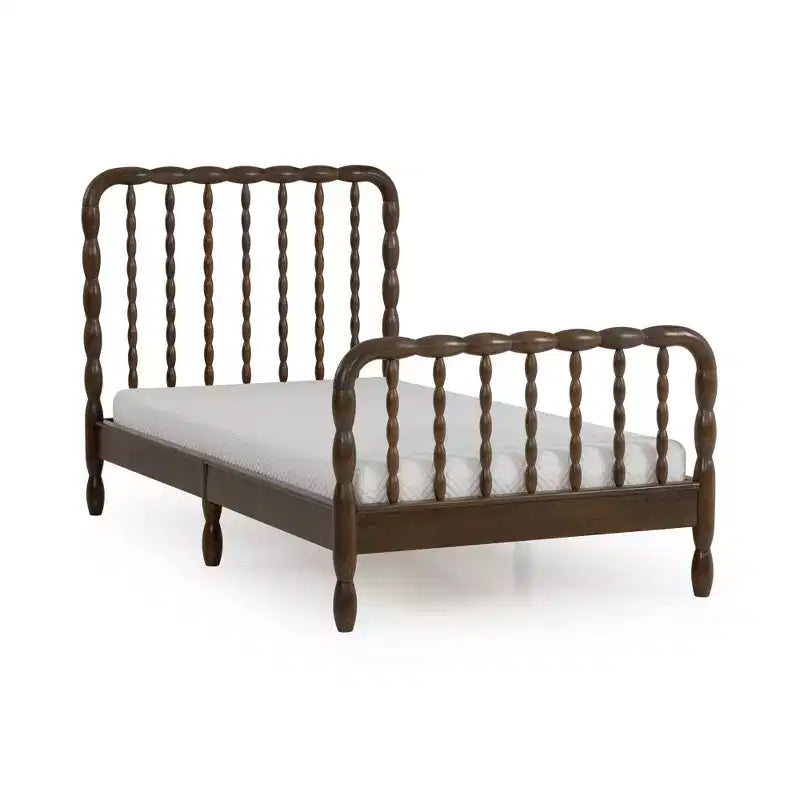 Twin Bed with Turned Spindle Headboard and Footboard, Solid Pine Wood Frame