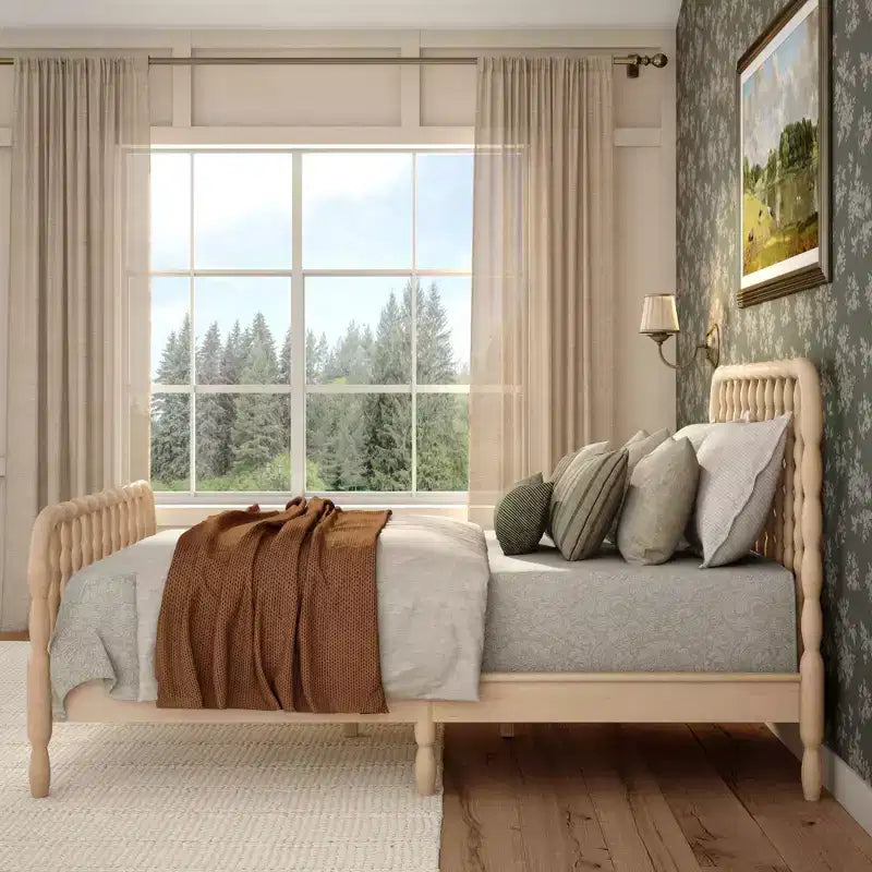 Twin Bed with Turned Spindle Headboard and Footboard, Solid Pine Wood Frame