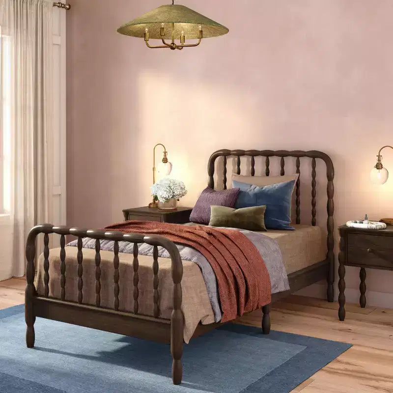 Twin Bed with Turned Spindle Headboard and Footboard, Solid Pine Wood Frame