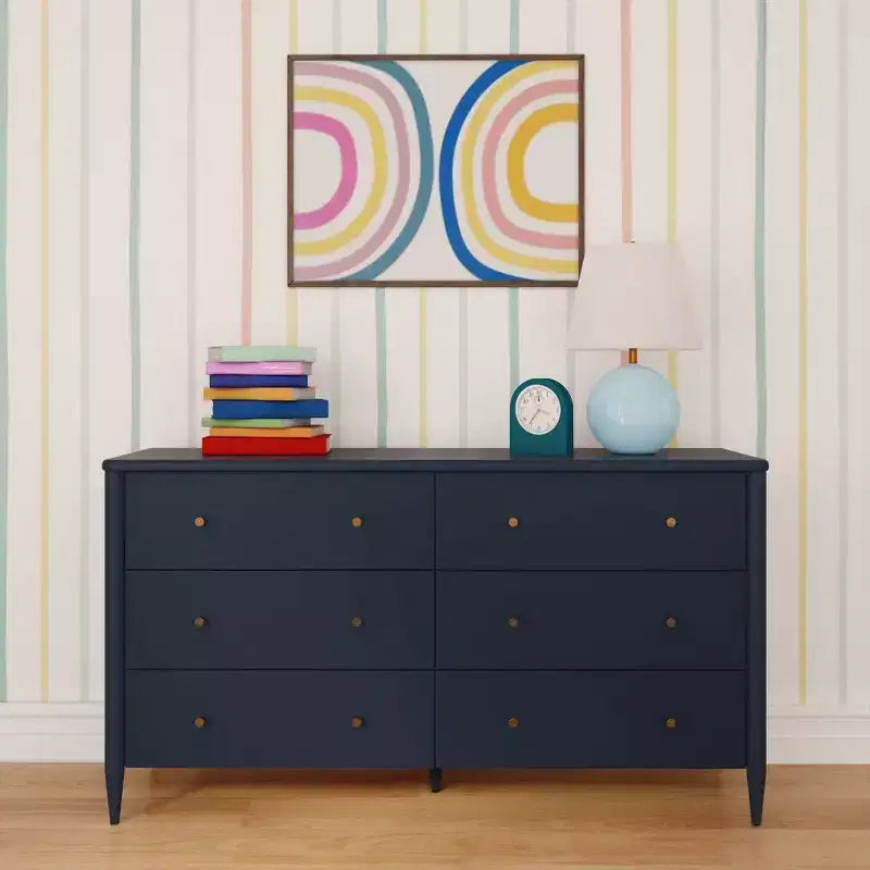 6-Drawer Solid Pine Dresser with Tapered Legs and Antique Brass Knobs