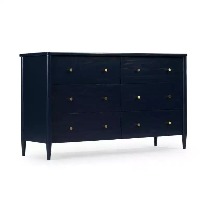 6-Drawer Solid Pine Dresser with Tapered Legs and Antique Brass Knobs