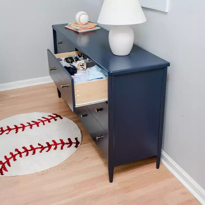 6-Drawer Solid Pine Dresser with Tapered Legs and Antique Brass Knobs