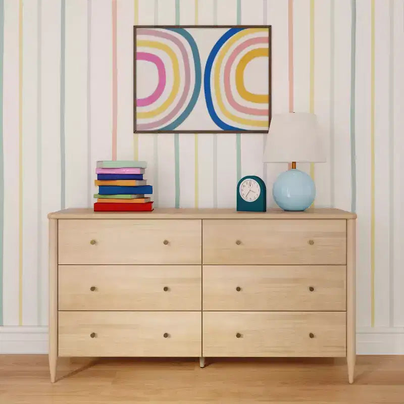 6-Drawer Solid Pine Dresser with Tapered Legs and Antique Brass Knobs