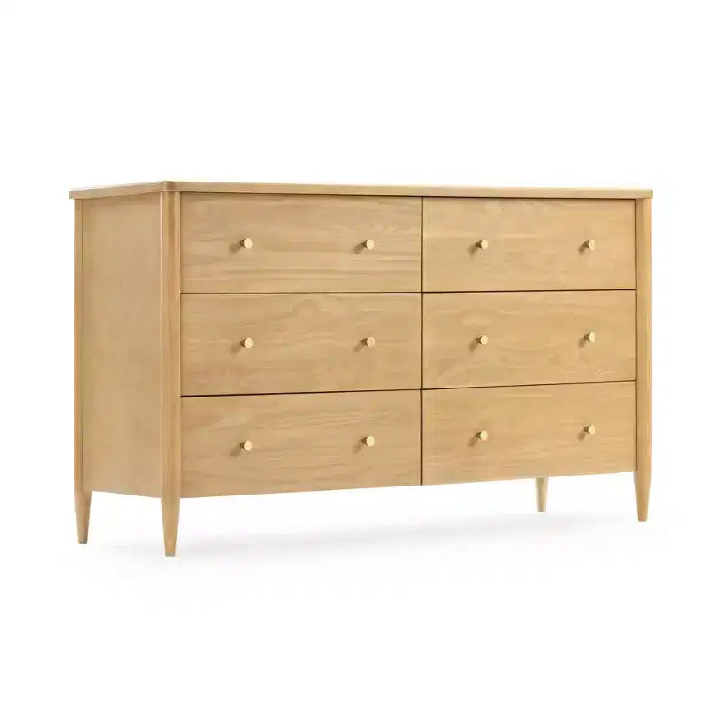 6-Drawer Solid Pine Dresser with Tapered Legs and Antique Brass Knobs