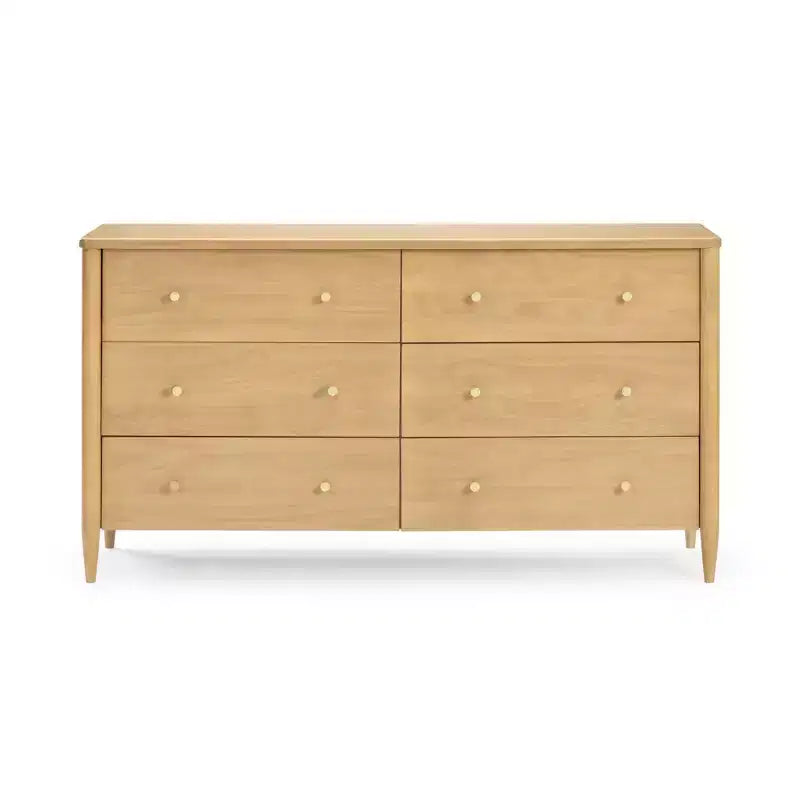 6-Drawer Solid Pine Dresser with Tapered Legs and Antique Brass Knobs