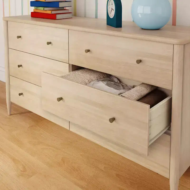 6-Drawer Solid Pine Dresser with Tapered Legs and Antique Brass Knobs